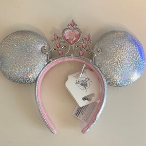 NWT Disney Silver Glitter Minnie Ears Headband with Pink Jewel Tiara Bibidi
